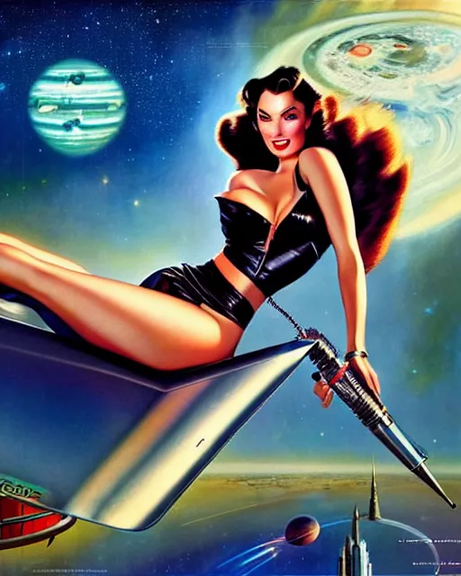 Image similar to closeup beautiful retro space megan fox varga girl holding a ray gun, posing on a chrome space ship in diesel punk city, windblown dark hair, retro pinup model, seductive, 1 9 4 0, hyper detailed, digital art, smooth, sharp focus, gil elvgren, anna dittmann,