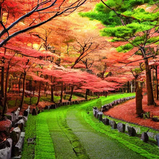 Image similar to a japanese forest, sunny