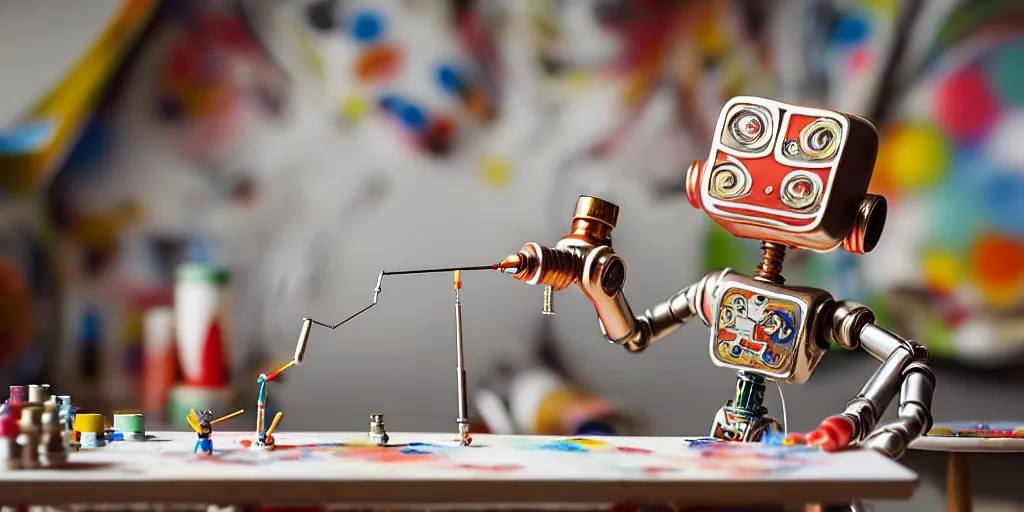 Image similar to closeup portrait of tin toy retro robot painter mixing gouache on white paper table in an artist workshop, depth of field, zeiss lens, detailed, centered, fashion photoshoot, by nicoletta ceccoli, mark ryden, lostfish, breathtaking, 8 k resolution, extremely detailed, beautiful, establishing shot, artistic, hyperrealistic, octane render