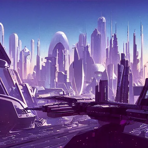 Image similar to futuristic city seen from afar from a wasteland, daylight, blue sky, cinematic lighting, blue sky, syd mead, john harris