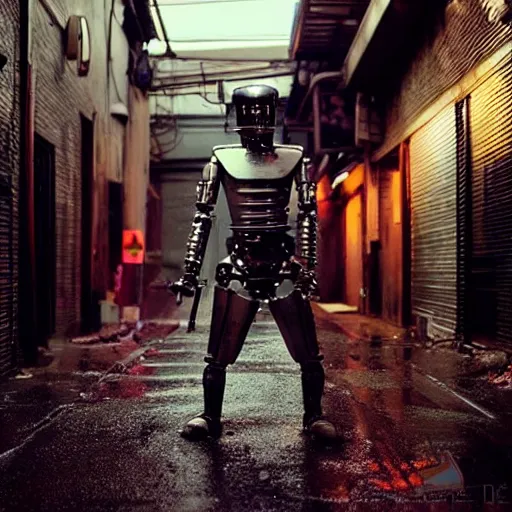 Prompt: an old robot with wheel legs gripping a perfectly detailed katana in their hand with a badass pose. Rainy Grungy neon cyberpunk alleyways in the background Badass pose , Photo realistic , Gregory Crewdson , Award winning. Masterpiece, exquisite detail, post processing