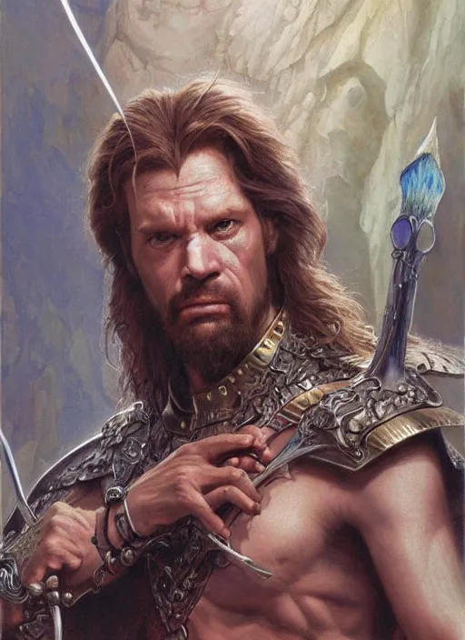 Image similar to a hyperrealistic and detailed paintbrush portrait of a male fantasy character, art by donato giancola and bayard wu and gustav moreau and wayne barlowe, rpg portrait, conan, krull, 8 0's fantasy movies