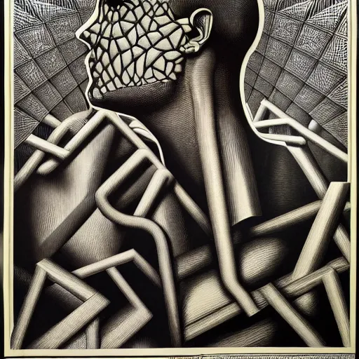 Prompt: lithography on paper conceptual figurative post - morden monumental portrait by versace and escher and hogarth, illusion surreal art, highly conceptual figurative art, intricate detailed illustration, controversial poster art, polish poster art, geometrical drawings, no blur