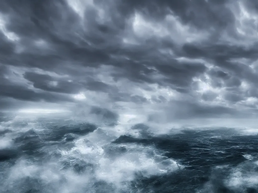 Prompt: detailed sea, layers, very detailed dark super storm, hyper realistic cloud vortex, impressive, very atmospheric, smoke boiling, cinematic, deep, very high complexity, stunning, masterpiece, weather photography, very detailed. 4 k