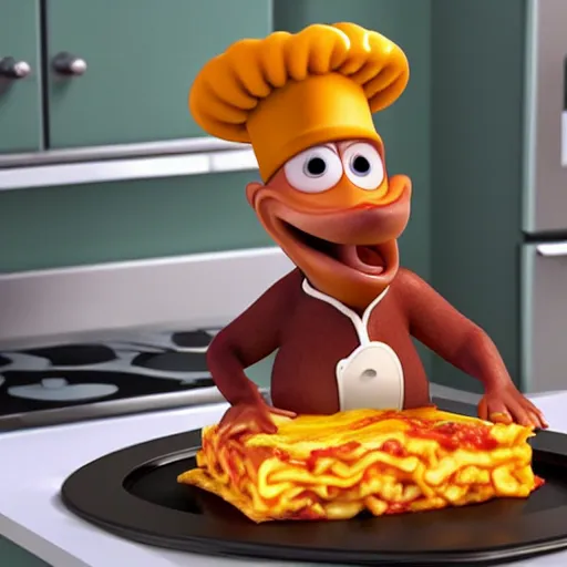 Image similar to pixar 3 d style cute platypus on a kitchen wearing a chef hat and holding a lasagna into an oven, pixar style, 3 d, ratatouille style