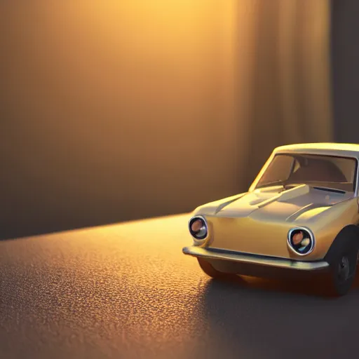 Image similar to a 3d render of a miniature car near the window, sunlight, tyndall effect, 4k