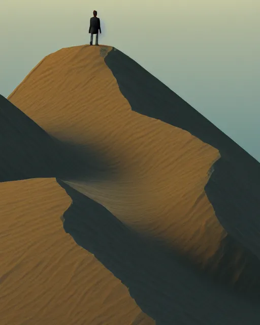 Image similar to a man standing in the middle of a mountain, a low poly render by filip hodas, behance contest winner, environmental art, rendered in cinema 4 d, volumetric lighting, low poly