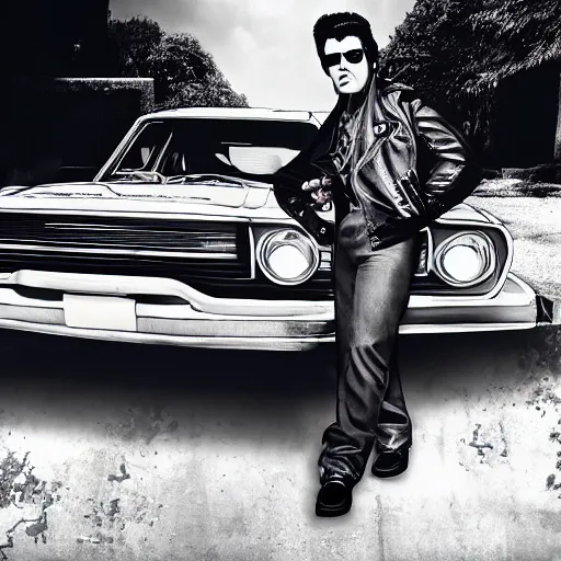 Prompt: elvis leaning on a vintage ford capri. film still. 4 k hd image, trending on artstation, featured on behance, well rendered, extra crisp, features intricate detail, epic composition and the style of quintin tarantino.