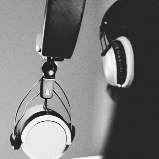 Image similar to A photograph of a bird wearing headphones and speaking into a high-end microphone in a recording studio.