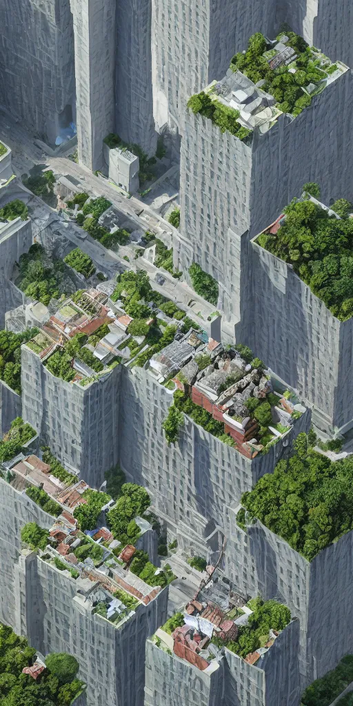 Prompt: an isometric of a skyscraper city built into the side of a cliff, a detailed matte painting by wes anderson, morphosis, daniel libeskind, nature meets architecture, cgsociety, fantastic realism, matte painting, terragen, artstation hq, clear glass, terraces, balconies, plants