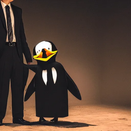 Image similar to Photo of a man in a suit wearing a latex mask of a penguin, dramatic lighting