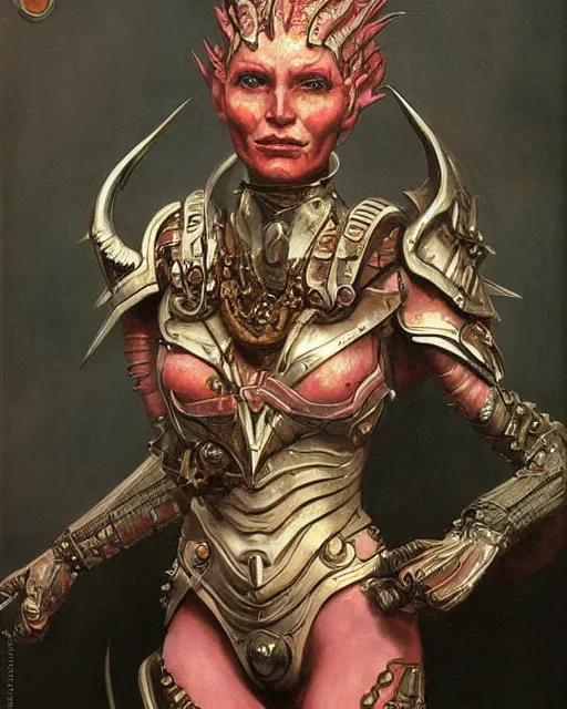 Image similar to portrait of a beautiful savage slaanesh creature female warhammer 4 0 k, wearing futuristic armor, by norman rockwell