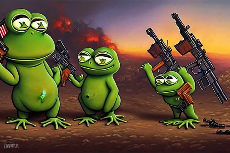 Image similar to portrait of sad pepe the frog and josef stalin with guns fighting a drug cartel, an oil painting by ross tran and thomas kincade