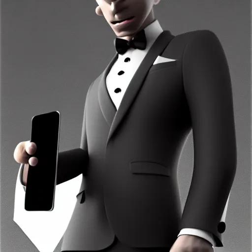 Image similar to a man in a black suit, holding a very advance phone, stylized, artstation, hd, cgsociety, cgi, realistic, dramatic, cinematic, artistic, trending, detailed