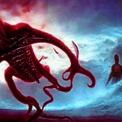 Image similar to the filmic anti - christ rising from a red ocean. ominous. vivid color detailed photograph from a 1 9 9 0 s horror movie. alien squid in the background.