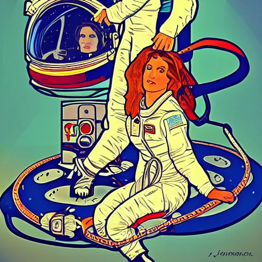 Prompt: astronaut portrait in the style of James Roper and Alphonse Mucha pop art