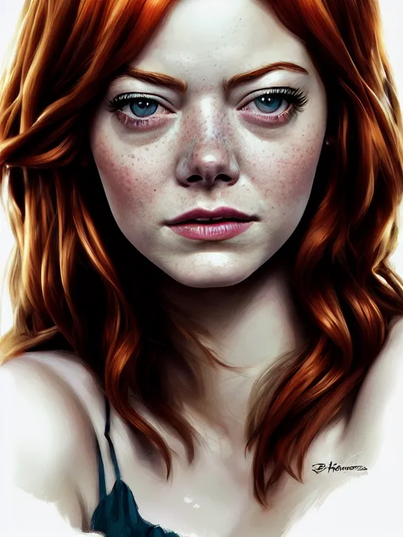 Prompt: emma stone as a young mary jane watson, digital painting, extremely detailed, 4 k, intricate, brush strokes, mark arian, artgerm, bastien lecouffe - deharme