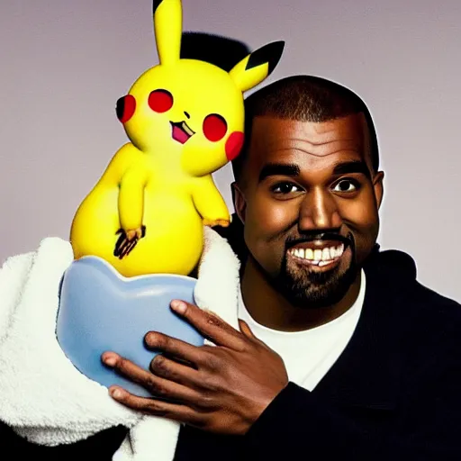 Image similar to kanye west smiling holding pikachu for a 1 9 9 0 s sitcom tv show, studio photograph, portrait c 1 2. 0