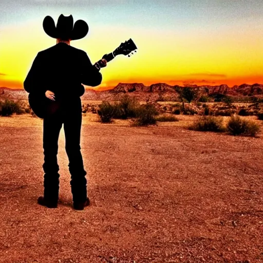 Prompt: western gunslinger, man in black, cowboy hat, guitar, westworld, sunset, ghost town