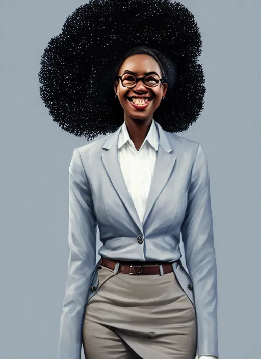 Image similar to full body portrait of young black woman with natural hair as a realtor, corporate skirt suit, intricate, beaming smile, angelic halo, highly detailed, digital painting, artstation, concept art, smooth, sharp focus, illustration, art by wlop, mars ravelo and greg rutkowski