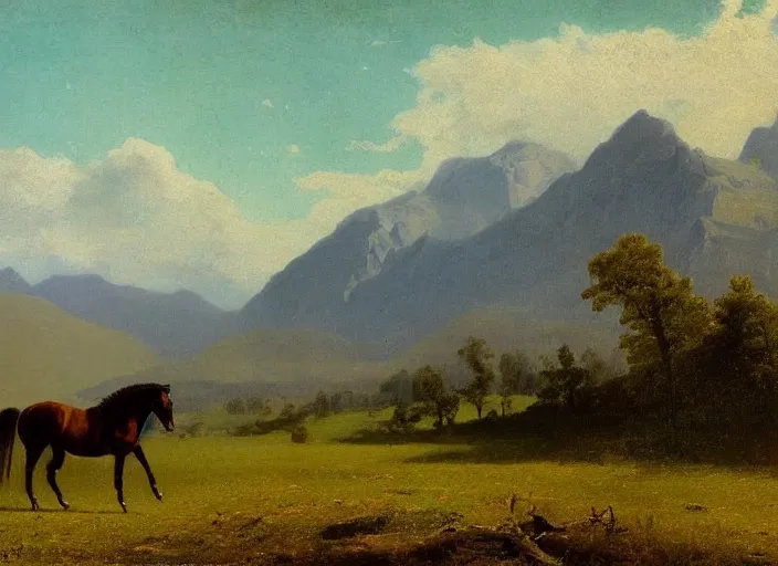 Image similar to painting of a horse on a field in front of beautiful mountains by albert bierstadt