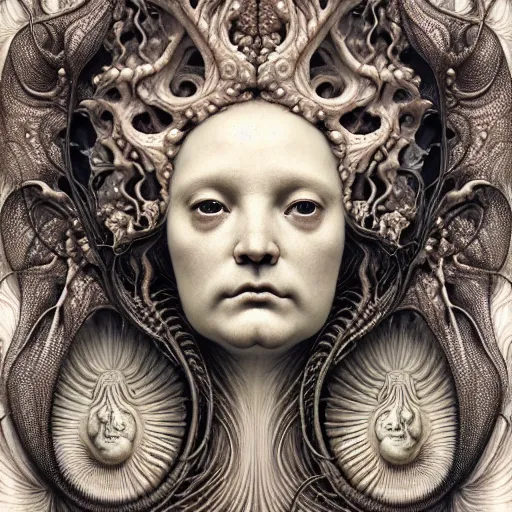 Prompt: detailed realistic beautiful porcelain calaveras goddess face portrait by jean delville, gustave dore, iris van herpen and marco mazzoni, art forms of nature by ernst haeckel, art nouveau, symbolist, visionary, gothic, neo - gothic, pre - raphaelite, fractal lace, intricate alien botanical biodiversity, surreality, hyperdetailed ultrasharp octane render