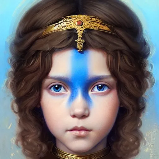 Image similar to a little girl with short wavy curly light brown hair and blue eyes, a space empress in byzantine style. beautiful highly detailed face, painting by artgerm and greg rutkowski and ilya kuvshinov.