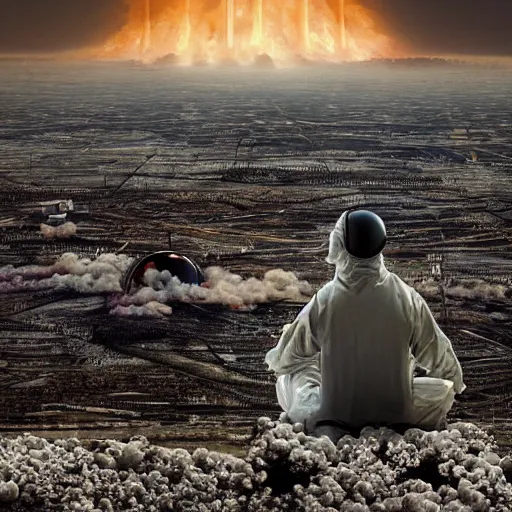 Prompt: a beautiful award-winning photo of the last man on Earth wearing a hazmat suit, sitting, serene idyllic post-nuclear background with a mushroom cloud on the horizon, a mirage of a skyline of a destroyed city, numerous fires, volumetric lighting, very high quality, extremely detailed, subtle visual noise, 8K