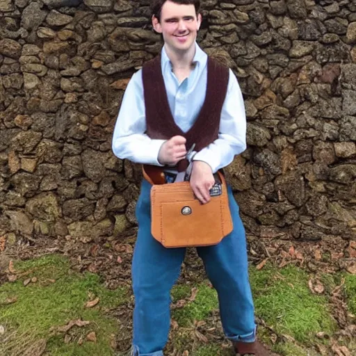 Prompt: british lad with short curly dark brown hair as a hobbit wearing a white men's crossbody sling chest bag and blue vest