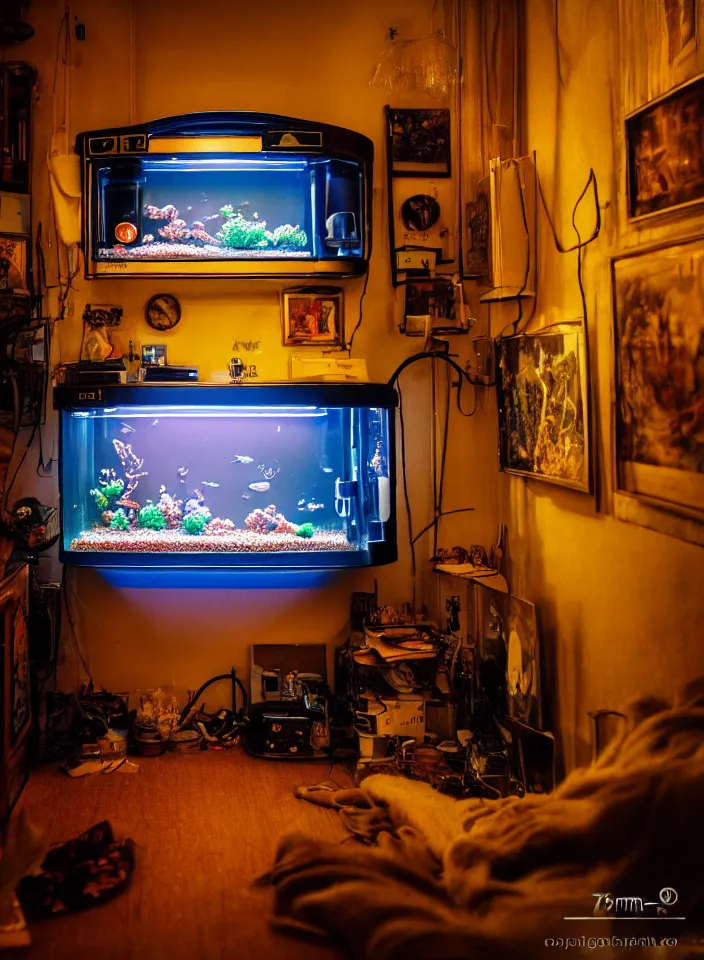 Image similar to telephoto 7 0 mm f / 2. 8 iso 2 0 0 photograph depicting the feeling of chrysalism in a cosy safe cluttered french sci - fi art nouveau cyberpunk apartment in a dreamstate art cinema style. ( ( ( fish tank ) ) ), ambient light.