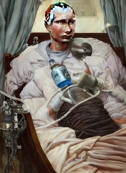 Image similar to a super very hyperrealistic oil painting of ill Vladimir Putin as a patient wearing an oxygen mask on a death bed inhaling from Copium tank that stand near his bed, visible face, by Laurie Greasley, Lawrence Alma-Tadema, Dan Mumford, artstation, deviantart, FAN ART, full of color, Digital painting, face enhance, highly detailed, 8K, octane, golden ratio, cinematic lighting