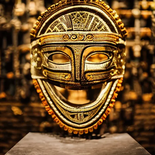 Image similar to traditional gold aztec mask with studded inlay jewels in a museum with spot lights, realistic, photography, photojournalism, national geographic photoshoot