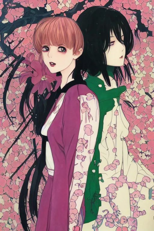 Prompt: professionally drawn shoujo mature horror mystery romance manga comic cover, beautifully drawn museum portrait coherent professional, drawn by ilya kuvshinov, gustav klimt, alphonse mucha and tsutomu nihei. japanese script kanji hiragana on the cover. simplistic minimalist stylized cover art. pink & green & blue full color.