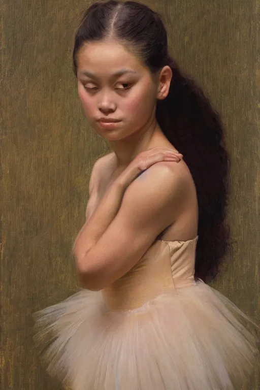 Image similar to portrait of a gorgeous graceful young hawaiian prima ballerina, by donato giancola and berthold woltze.