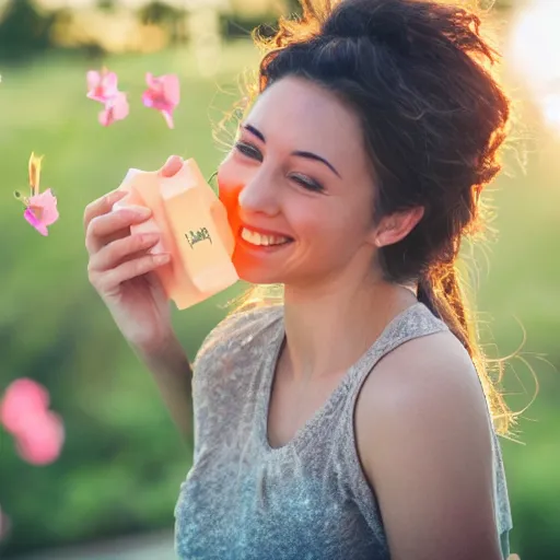 Image similar to beautiful advertising photo of a woman holding scented soap bars up to the viewer, smiling, summer outdoors photography at sunrise, bokeh, bloom effect