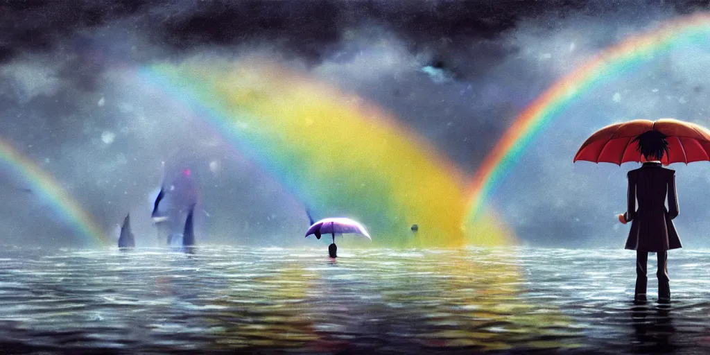 Prompt: a realistic and atmospheric cell - shaded concept art from howl's moving castle ( 2 0 0 4 ) of a rainbow colored ufo landing on the ground. a man with an umbrella is standing in a flooded parking lot. it is a misty starry night. very dull muted colors, hd, 4 k, hq