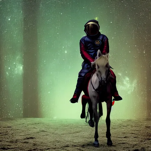 Image similar to Kanye West in space suit riding a horse in the forest, 35mm, photorealistic, studio light, noire