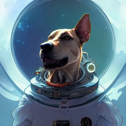 Image similar to Portrait of dog in space, dark fantasy, intricate, elegant, highly detailed, digital painting, artstation, concept art, smooth, sharp focus, illustration, art by Sam Youn and Fernanda Suarez and Artem Demura and alphonse mucha