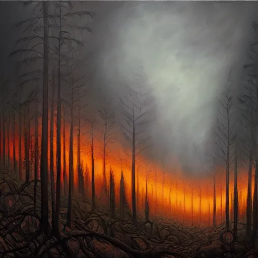 Image similar to a painting of a fire in a forest, a matte painting by Jeffrey Smith, deviantart, fantasy art, apocalypse landscape, apocalypse art, airbrush art