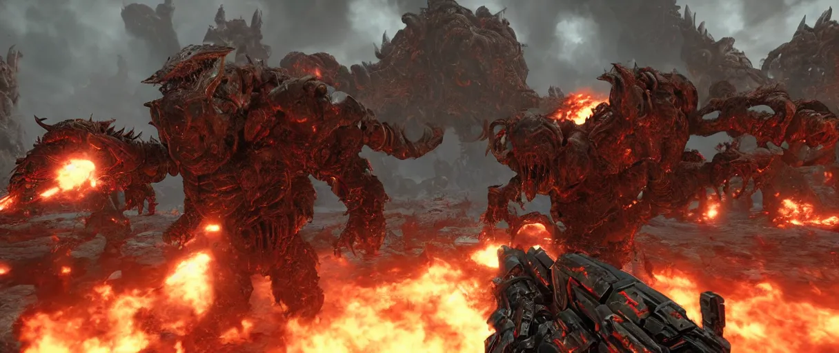 Image similar to doom slayer defeating hordes of demons and creatures on Urdak, wide shot, high detail, photorealistic, “doom eternal”, unreal engine