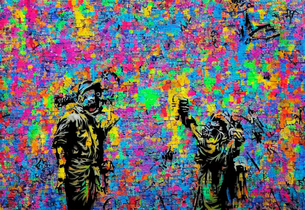 Image similar to full color banksy graffiti with statement of ai art is not art, detailed, realistic, ai weiwei, glitch art effect