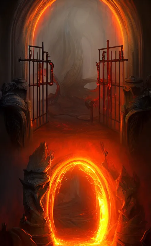 Image similar to a gate into hell, portal, doorway, dynamic lighting, ambient lighting, atmospherical, photorealistic fantasy concept art, trending on art station, stunning visuals, creative, cinematic, ultra detailed