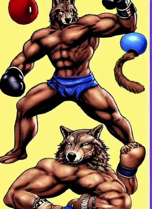 Image similar to extreme long shot. 8 bit nes graphics. antropomorphic muscular masculine wolf. kickboxer fighter, in shorts. wolf head. furr on body.