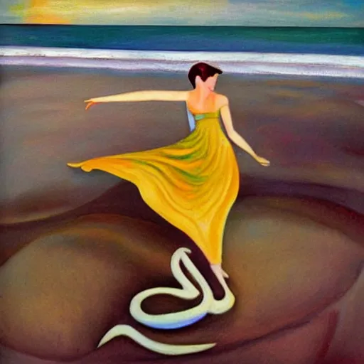 Prompt: woman dancing with a triskele by the ocean while the waves crash on the seashore, high quality art in the style of cubism and geogia o keefe