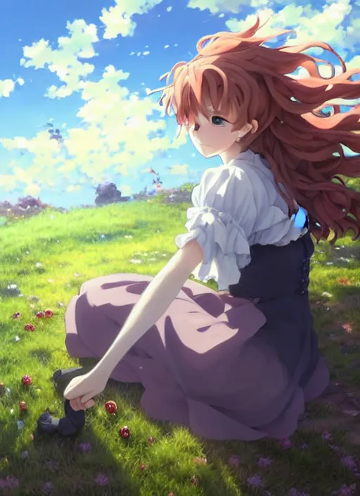 Image similar to Painting of a cottagecore witch with curly strawberry hair in the style of Violet Evergarden, beautiful anime art style, winged eyelashes, countryside, calm, fantasy character portrait, dark outlines, dynamic pose, above view, sunny day, artwork by Makoto Shinkai, very coherent asymmetrical artwork, sharp edges, perfect face, simple form, 100mm