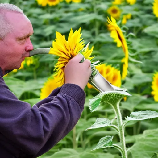 Image similar to a realistic photograph of Crazy Dave watering a Sunflower