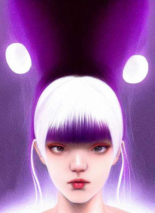 Image similar to hair whitebangs hair, black hair, whitebangs, portrait of teenage girl with white bangs, red irises, purple clothes, white bangs, bangs are different color from hair, intricate, elegant, glowing lights, highly detailed, digital painting, artstation, concept art, smooth, sharp focus, illustration, art by wlop, mars ravelo and greg rutkowski