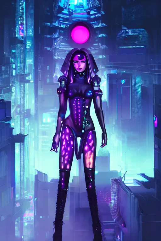Image similar to portrait futuristic wickedness cyberpunk young female necromancer, in futuristic moonlight light source tokyo rooftop cyberpunk night, ssci-fi, fantasy, intricate, very very beautiful, elegant, neon light, highly detailed, digital painting, artstation, concept art, soft light, hdri, smooth, sharp focus, illustration, art by tian zi and craig mullins and WLOP and alphonse mucha