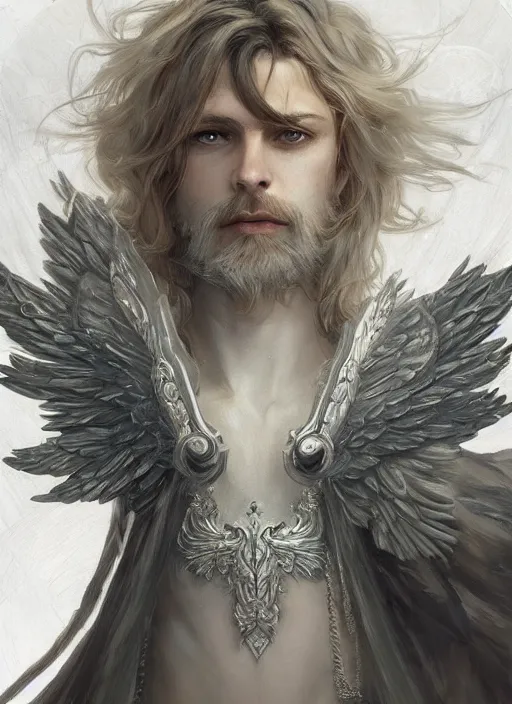 Prompt: Aasimar Paladin with shaggy silver hair, brown scruffy beard, angel wings, epic, striking, fantasy, intricate, elegant, highly detailed, digital painting, artstation, concept art, smooth, sharp focus, illustration, art by Krenz Cushart and Artem Demura and alphonse mucha