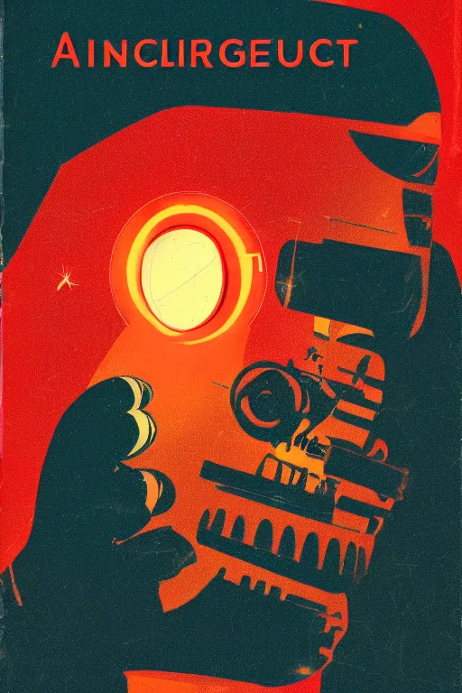 Image similar to vintage science fiction book cover, depicting artificial intelligence, azure color bleed, warm red tones, film grain, lensflare